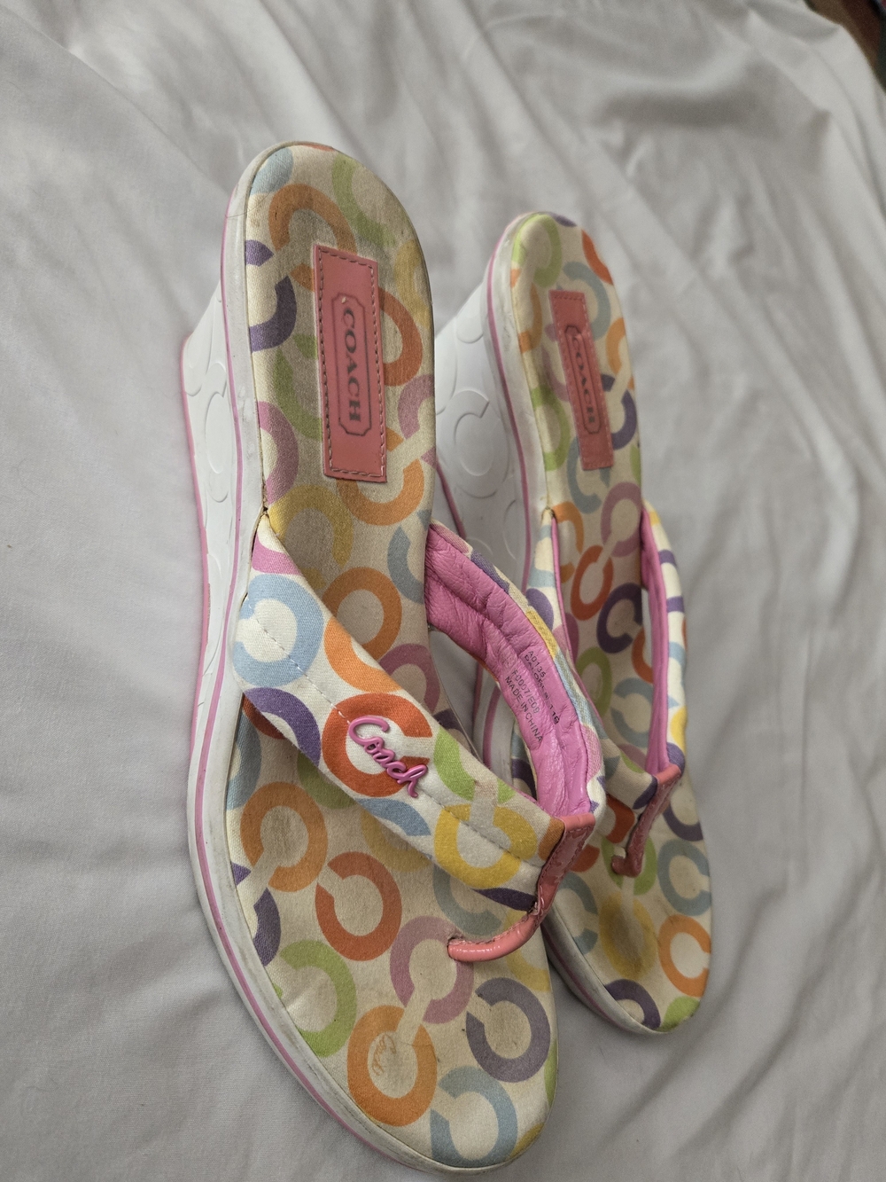 Coach Multicolor Logo Print Pink Trim Wedge Sandals